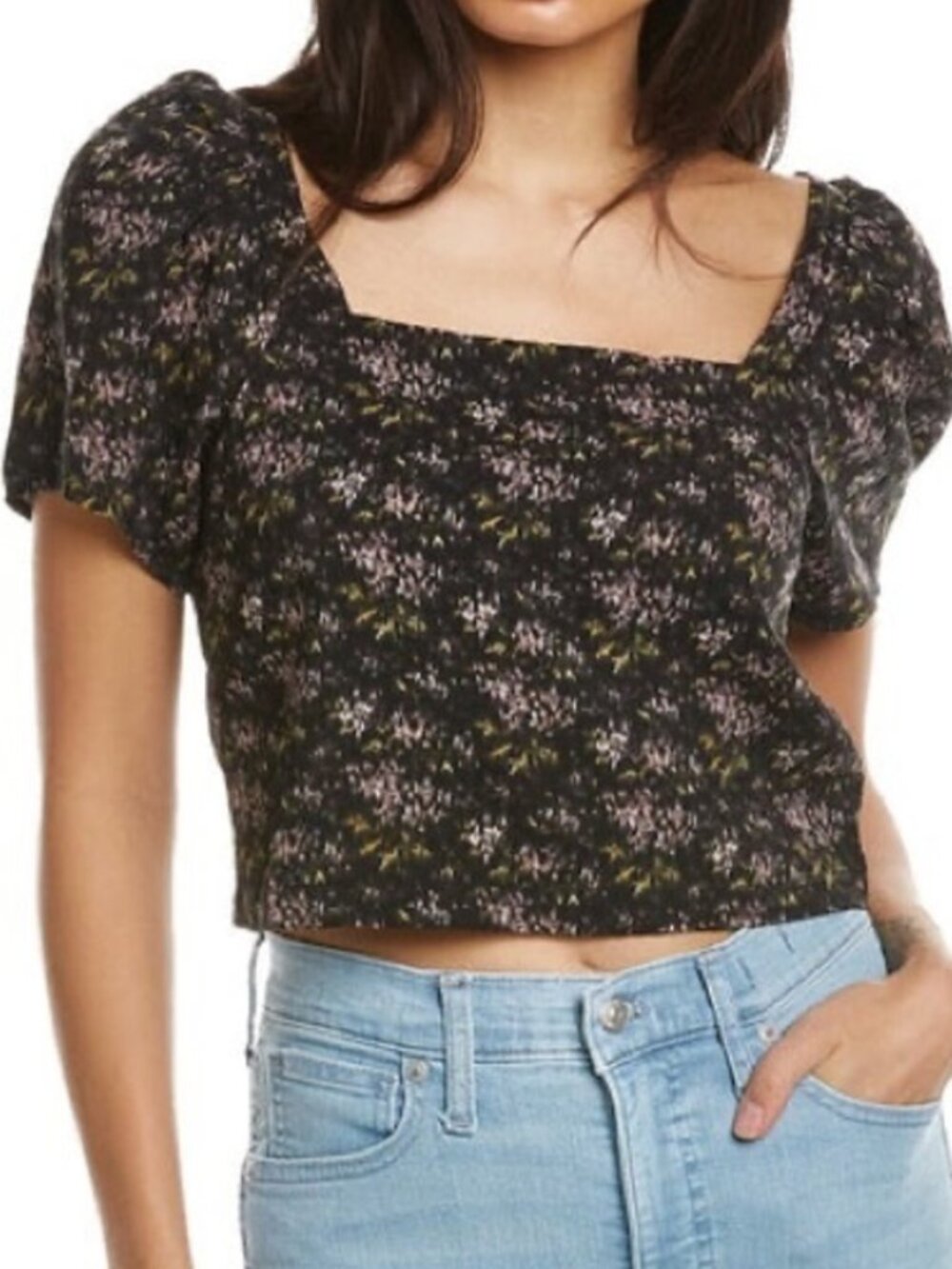 Madewell Black Floral Puff Sleeve Crop Top Women’s M